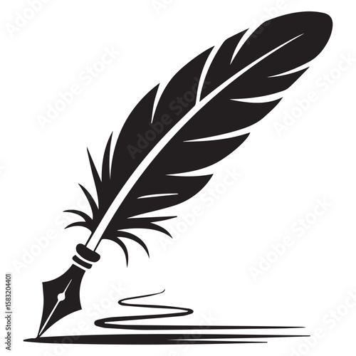 Elegant black silhouette of a quill pen writing a flowing ink line on a clean white background