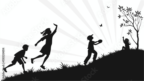 Silhouette of children playing on a hill with a tree and birds against a radiant background design