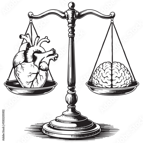 Conceptual black and white illustration of a vintage scale balancing a human heart against a human brain symbolizing choice