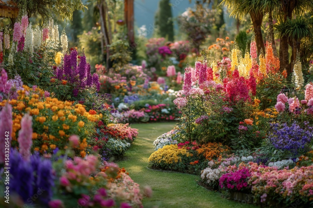 Fototapeta premium Blossoming garden path surrounded by vibrant flowers in early morning sunlight