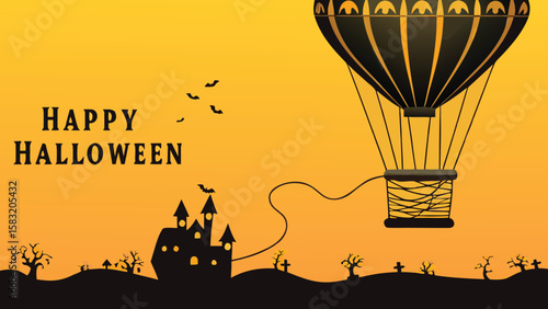 Happy halloween scene with haunted house bats and a hot air balloon against an orange background sky