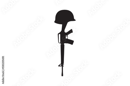 Military helmet on rifle silhouette vector art illustration on white background