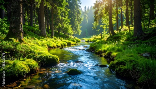 Lush forest stream bathed in sunlight