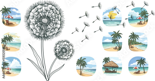Dreamy dandelion seeds floating over a beautiful tropical island scene