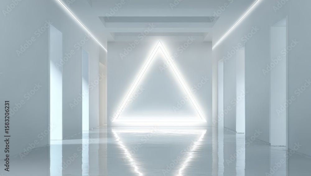 Obraz premium Bright white hallway with luminous triangle and ceiling lights, reflective floor