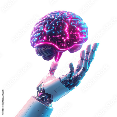 Futuristic Robotic Hand Holding Glowing Holographic AI Brain with Neon Binary Circuits isolated on a White Background
