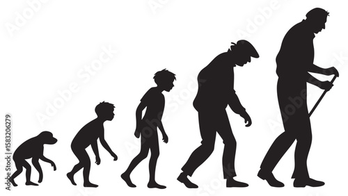 Silhouette illustration showing the evolution of a human from ape to old age with a walking stick