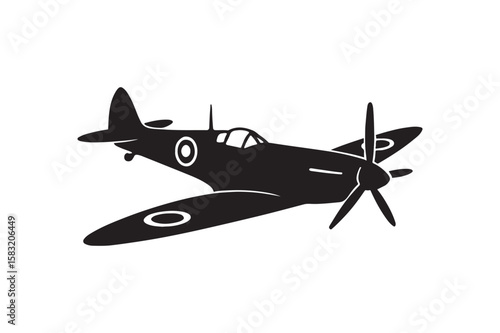 Spitfire plane silhouette vector art illustration on white background