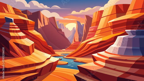 Vector art of a stylized canyon with a river and sunset sky