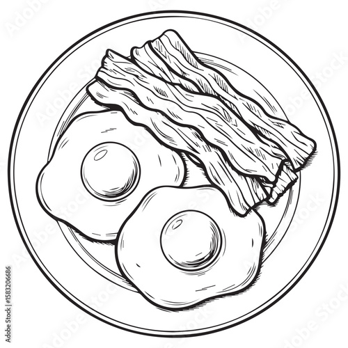 Classic breakfast plate featuring two fried eggs and crispy bacon strips in a hand drawn sketch style