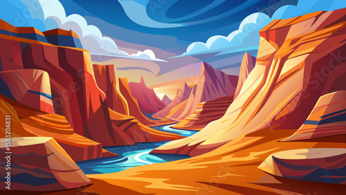 Vector art of expansive canyon vista with a flowing river and dramatic sky