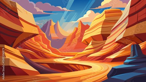Vector art of a winding road through a colorful canyon at sunset