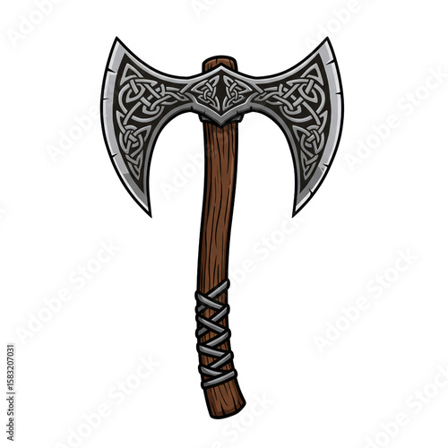 Decorative Viking Style Double-Edged Battle Axe with Carved Blade and Wooden Handle