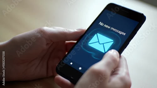 Close Up of Hands Holding Smartphone with Email Icon on Screen With No New Message Notification Displayed on Wooden Table Background