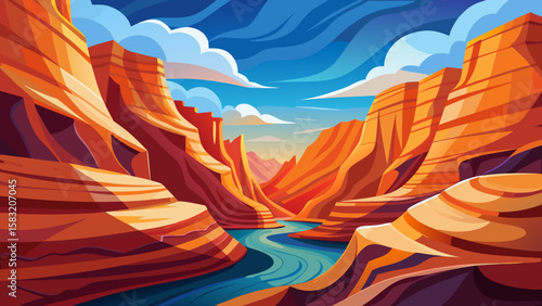Vector art of a breathtaking canyon view with a turquoise river and layered rock