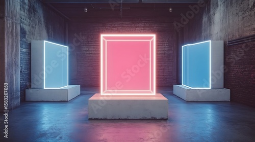 Fototapeta Naklejka Na Ścianę i Meble -  Neon cube display in a dark industrial space