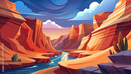 Vector art of dramatic canyon with a river under a colorful sky