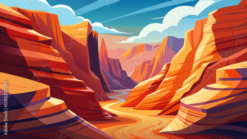 Vector art of vibrant canyon landscape with a winding river