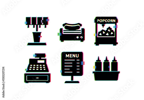 Glitch art food icons: popcorn, hot dog, menu, cash register, condiments