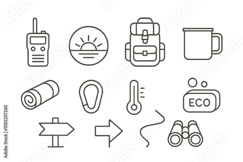 Camping and hiking line icon set. outdoor equipment, adventure symbols collection
