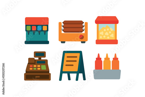 Colorful snack bar icons: soda dispenser, hot dogs, popcorn, cash register, menu, condiments