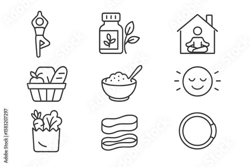 Health and wellness outline icon set. yoga, nutrition, mindfulness graphics