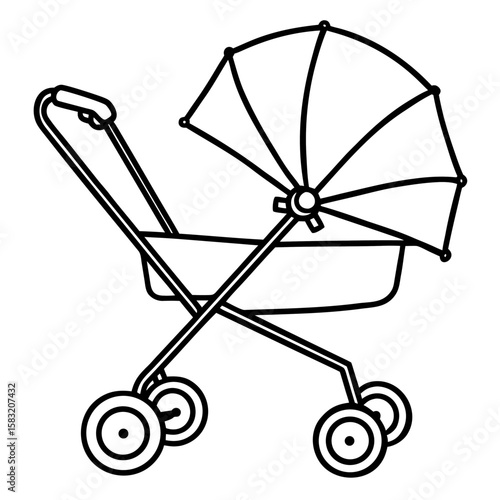 Simple line art of a baby stroller with a sunshade isolated on white background
