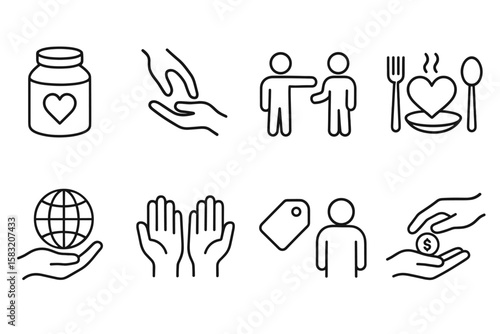 Charity, donation line icon set. support, help, community assistance outline collection