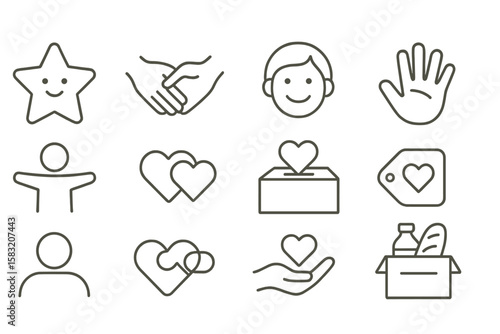 Charity and donation outline icon set. volunteer, heart, box symbols collection