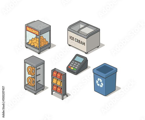 Cartoon snack setup with nachos, ice cream, pretzels, and cash register