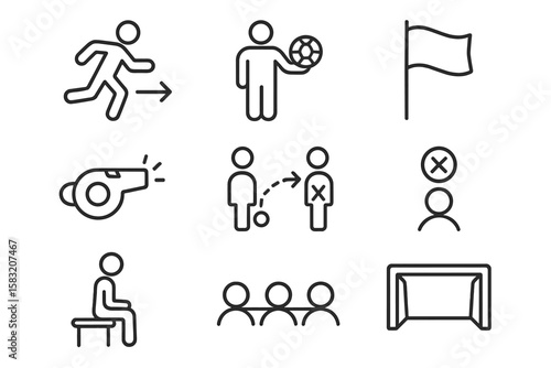 Soccer and sports outline icon set. referee, player, whistle outline collection