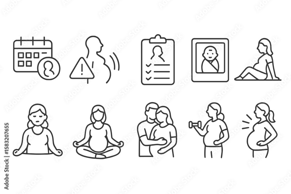 Fototapeta premium Pregnancy and maternity line icon set: baby, health, family symbol collection
