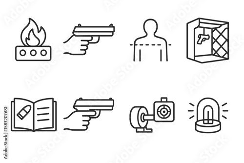 Shooting range line icon set. firearm, target practice, safety icons collection