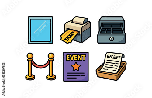 Event ticketing icons: mirror, printer, cash register, barrier, event poster, receipt