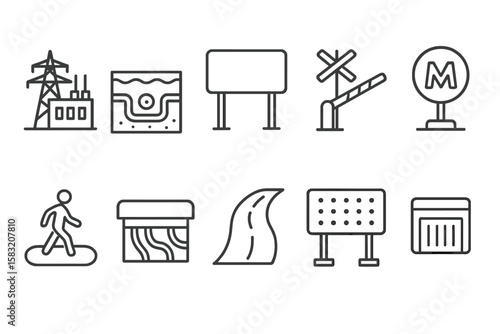 Industrial, infrastructure line icon set. urban, construction, transport line collection