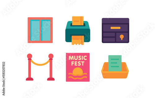 Colorful flat icons: window, printer, mailbox, barrier, music fest, paper tray