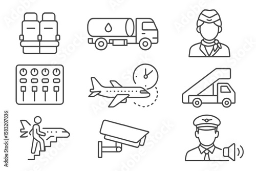 Aviation, travel line icon set. airplane, airport staff, travel utilities line collection