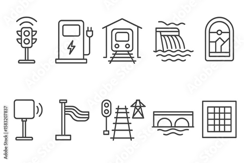 Infrastructure, transportation outline icon set: roads, bridges, railways, power lines