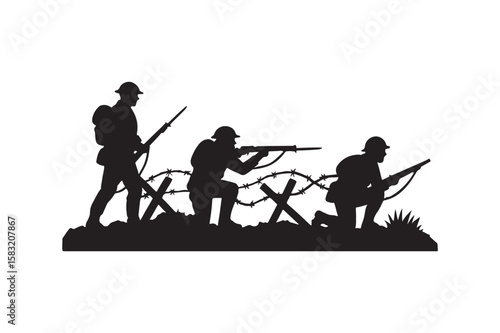 WWI trench silhouette vector art illustration on white background