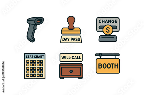 Ticketing icons collection: scanner, stamp, change, seat chart, will-call, booth