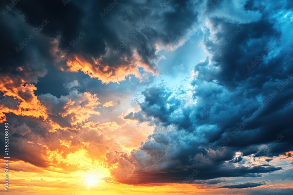 Fototapeta premium Vibrant sunset over the horizon with colorful clouds reflecting evening light