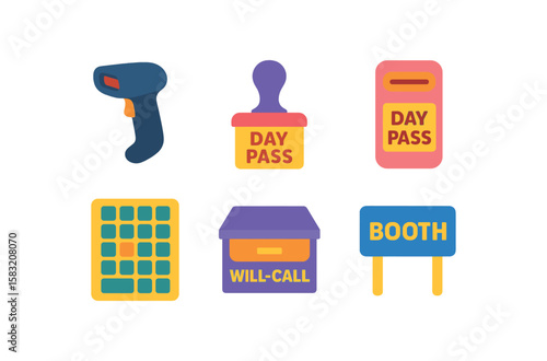 Colorful ticket and access pass icons with neon glow