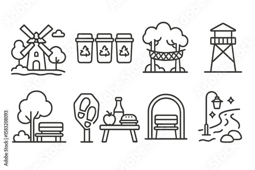 Park and recreation linear icon set. nature, leisure outdoor elements collection