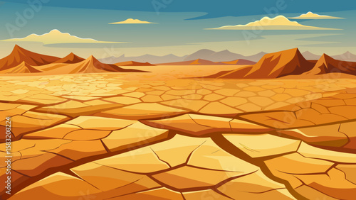 Vector art of cracked desert earth stretches towards distant mountains under a blue sky