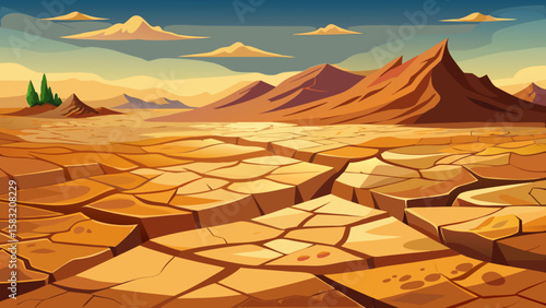 Vector art of cracked desert earth with sparse trees leads to rugged mountains