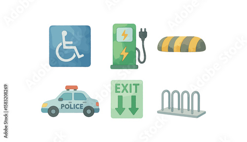 Accessibility sign, electric charger, speed bump, police car, exit sign, bike rack illustrations
