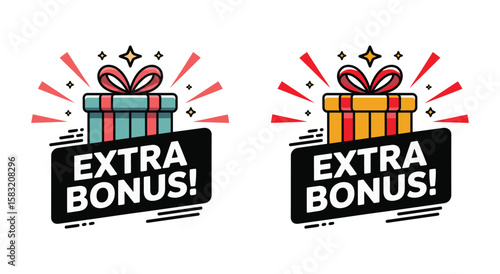 "Extra Bonus!" gift box promotion tags, featuring vibrant colors and bursting effects, ideal for marketing, sales, special offers, and loyalty programs.