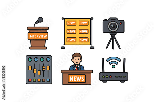 News media equipment icons including camera, microphone, and interview setup