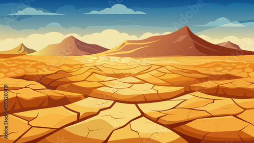 Vector art of vast cracked desert landscape under a wide sky with distant mountains