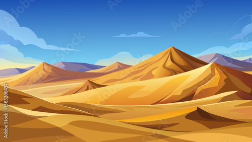 Vector art of golden sand dunes stretch across a desert landscape under a blue sky